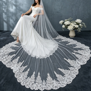 Velo de Novia Retro de Moda con Encaje Real, Velo de Tul Transparente de Una Capa, Velo de Catedral, Precioso y Dramático para Sesión de Fotos de Compromiso - Product Image 3