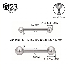 Piercing <span class=keywords><strong>de</strong></span> Titanio ASTM F136 G23 JIAXIN con Rosca Interna, Barra Recta para Lengua, Pezón, Labret, Hélix, Tragus, Industrial - Product Image 2