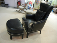 Ensemble fauteuil et ottoman en cuir véritable avec rivets, style vintage américain