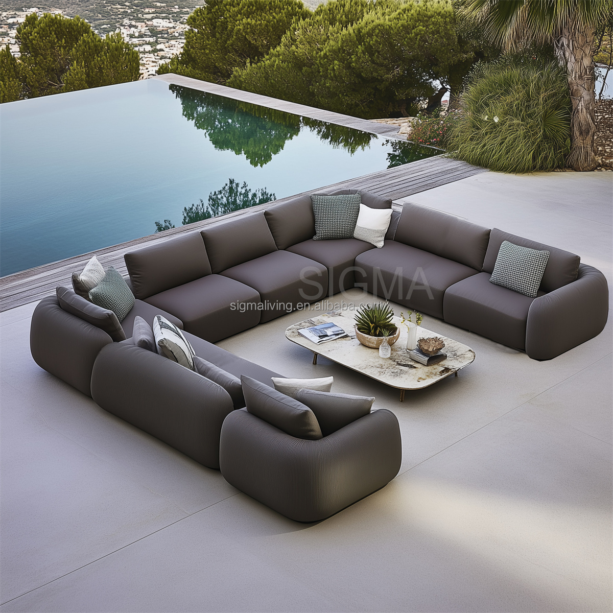Customize All Weather Luxury Factory Patio Outdoor Furniture Hotel Pool Garden Sofa Set Outdoor Fabric Metal Frame L Shape Sofa