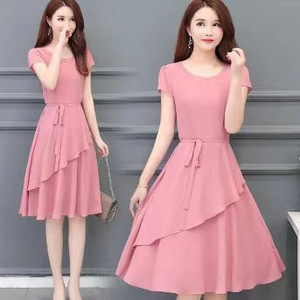 Summer Korean Style Solid Color A-line Dress Women Mid Length O Neck Patchwork Casual Daily Wear - Product Image 4