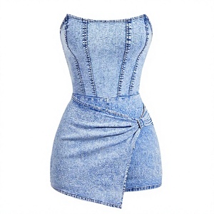 Robe en jean asymétrique sexy, taille haute, coupe ajustée, délavée, couleur unie, style été pour femme - Product Image 2