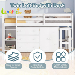 <span class=keywords><strong>Litera</strong></span> para niños Tamaño Cama alta baja con escritorio extraíble Cajones Gabinete y estantes para cama infantil de color blanco - Product Image 6