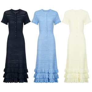<span class=keywords><strong>Robe</strong></span> longue trapèze en maille unie pour <span class=keywords><strong>femme</strong></span>, col rond, <span class=keywords><strong>manches</strong></span> <span class=keywords><strong>courtes</strong></span>, ourlet à volants, design ajouré, qualité supérieure, collection <span class=keywords><strong>été</strong></span> - Product Image 1