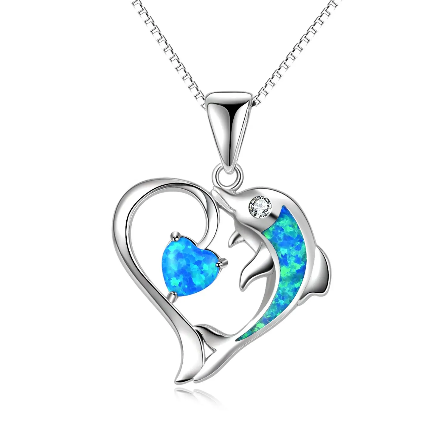 Sterling Silver 925 Jewellery Blue Opal Dolphin Pendant Heart Necklace Women Jewelry Custom Wholesale