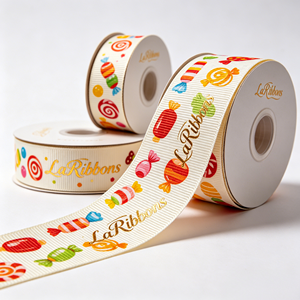Ruban gros-grain en polyester imprimé bonbons colorés avec logo personnalisé pour emballage de boîtes de friandises pour enfants, vente en gros en rouleau - Product Image 4