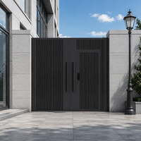 Portail extérieur intelligent DMJ-MZ008 moderne en alliage d'aluminium noir à double battant avec panneau supérieur à lattes verticales et serrure intelligente