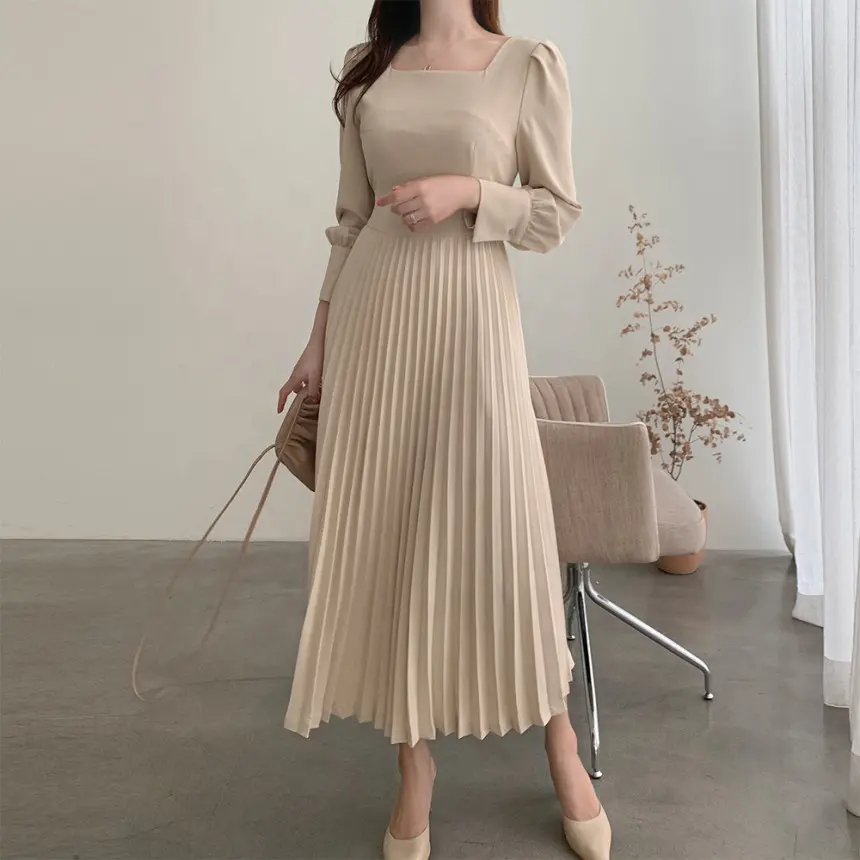 Wholesale korean style fashion spring autumn women elegant casual pleated long dresses