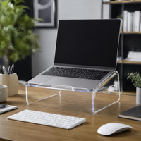 Support d'ordinateur portable en acrylique transparent personnalisé, rehausseur d'écran incliné avec fentes d'aération, support de bureau OEM avec logo, boîte de présentation