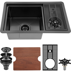 Évier de cuisine simple fait main à installation sous plan, noir canon de fusil, avec rince-verre et panier de vidange, design contemporain - Product Image 1