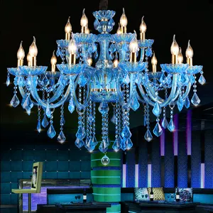 Blau glas arme bankett halle kerze kristall kronleuchter moderne ballsaal decke lampe dekorative schlafzimmer anhänger beleuchtung