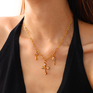 Dijes de cruz con llave dorada y engaste de cristal para accesorios de joyería DIY, uso diario unisex - Product Image 4