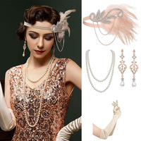 Ensemble d'accessoires Great Gatsby Flapper Fringe 4 pièces : Bandeau à plumes, Gants, Collier de perles, Boucles d'oreilles pour Costume de Cosplay d'Halloween
