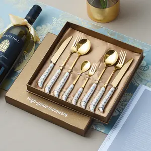 Sang Trọng Xương Trung Quốc Muỗng Nĩa Dao Flatware Bộ Dao Kéo Vàng Với Tay Cầm Gốm Trong Hộp Quà Tặng