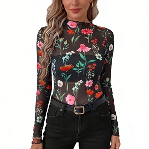 Top de malla transparente para mujer, top de manga larga con cuello alto y estampado, camisa a la moda - Product Image 2