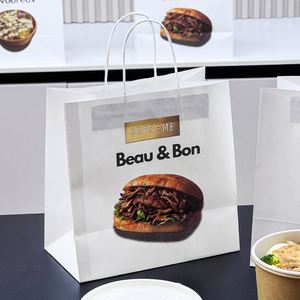 Sacs en papier kraft biodégradables écologiques personnalisés avec poignée pour la vente à emporter des restaurants - Product Image 4