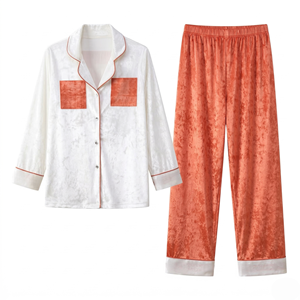 Conjunto de Pijama de Terciopelo Vintage al por Mayor para Mujer, Manga Larga, con Botones, de Velour Arrugado, Ropa de Dormir de 2 Piezas - Product Image 1