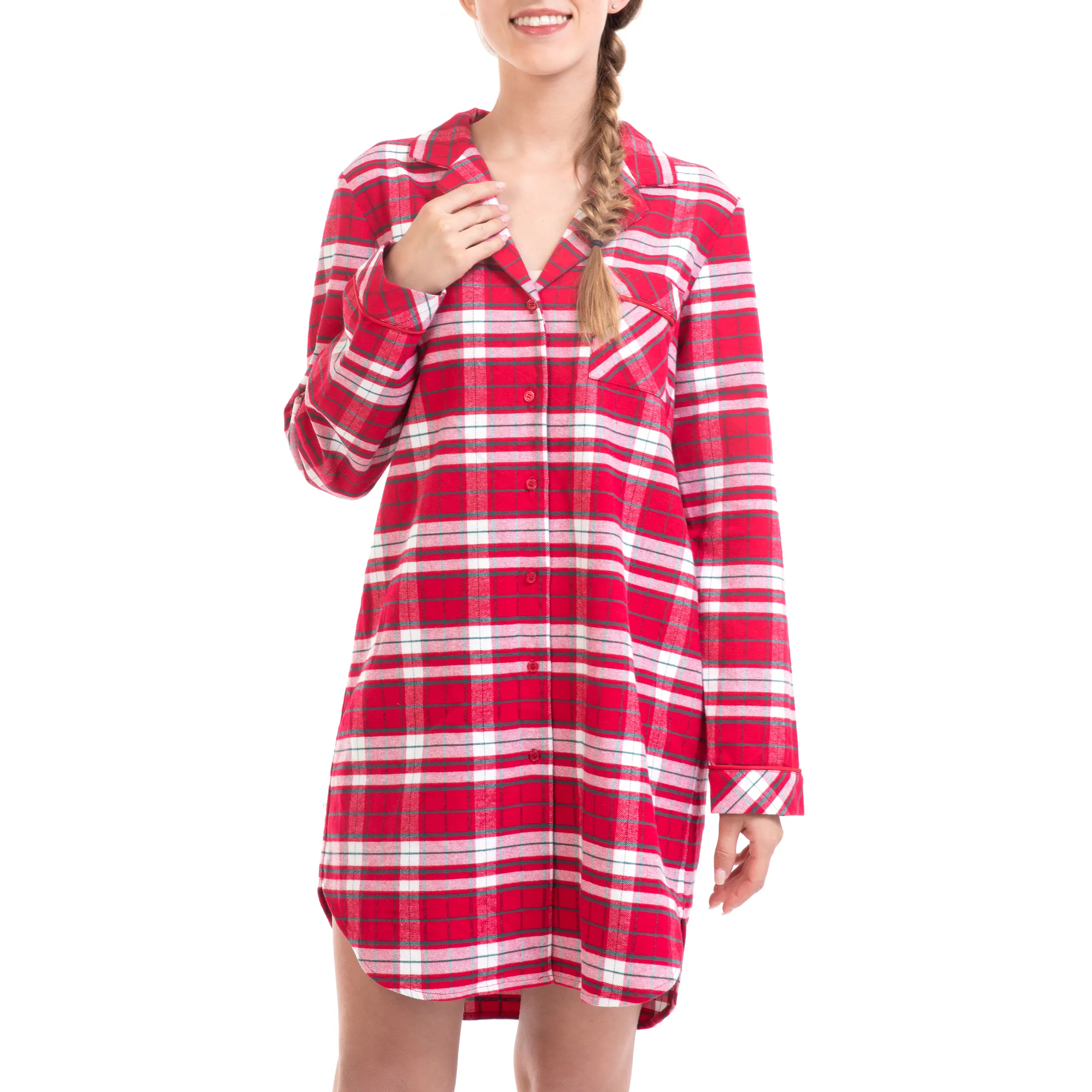 थोक यार्न रंगे नींद शर्ट फलालैन प्लेड पजामा कपास रात शर्ट महिलाओं के लिए