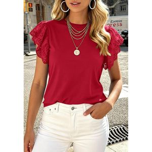 Blusa de Mujer con Manga Casquillo, Encaje Rojo, Manga Abullonada, Cuello Redondo, Transpirable, Camiseta Básica de Verano, Blusa Casual Elegante para el Trabajo - Product Image 3