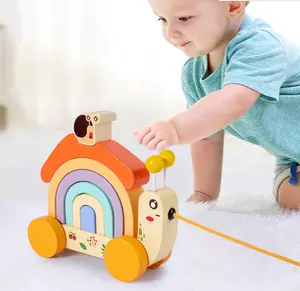 Snail tractor baby wooden pull rope traction building blocks toddler boys and girls educational toy wooden car