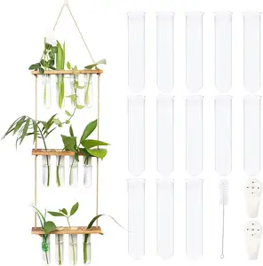 Hand geblasen 3 Tiered Wandbehang Pflanzer Glas Terrarium Reagenzglas Vase mit Holz ständer für Hausgarten Büro Dekor