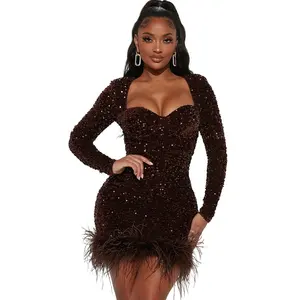 Luxury Winter Fall Sequin Feather Hem Mini Dress Long Sleeve Shoulder Pads Sweetheart Neckline Feather Trim Back Zipper Dress