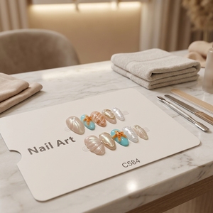 เล็บปลอมทำมือ C584 สไตล์ยุโรป ลายดอกไม้ มุก ปลาดาว ทรงอัลมอนด์ สำหรับใช้ในร้านเสริมสวย - Product Image 3