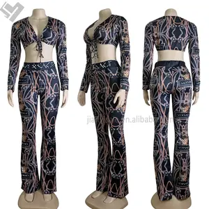 Famous Brand Women Sexy Crop Top Long Sleeve 2 Piece Pants Set Designer Print Deep V Neck Slim Fits Luxury Fall Set