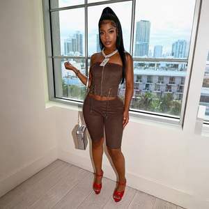 Ensemble deux pièces personnalisé pour femme 2026 : Haut sans manches et pantalon capri en tissu côtelé, à lacets, respirant, style Y2K - Product Image 3