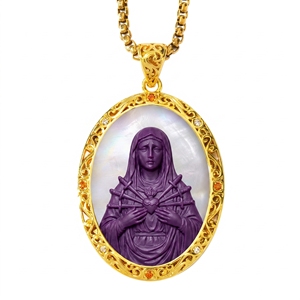 Collier Camée Notre-Dame des Sept Douleurs en Gros, Plaqué Or 18K, Laiton, Pendentif Catholique Sept Douleurs, Coquille Violette, Vente en Gros OEM ODM - Product Image 1