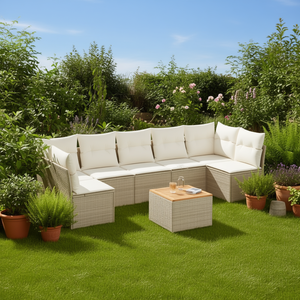 Ensemble de canapés de jardin en rotin beige crème avec coussins en mousse haute densité, mobilier d'extérieur au design contemporain, résistant à l'eau et aux UV - Product Image 2