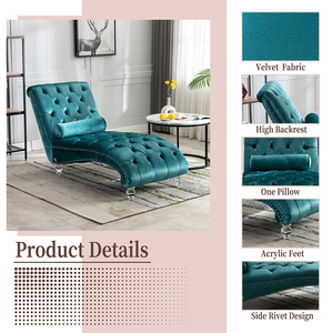 Modern Velvet Chaise Lounge <b>Chair</b> Button-Tufted Upholstery Pillow Wood Legs Eco-Friendly Design for Bedroom Living Room Office - Product Image 3