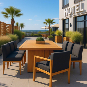 JEILI Arredamento Esterno Moderno di Alta Gamma, Lussuoso Tavolo in Legno di Teak con Sedia in Tessuto Nero per Hotel, Ristoranti e Terrazze - Product Image 1