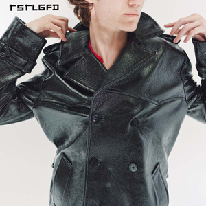 Manteau trench-coat noir en cuir PU pour homme, double boutonnage, revers, ceinture, poignets à revers, luxe, décontracté, mi-long, pour l'automne - Product Image 2