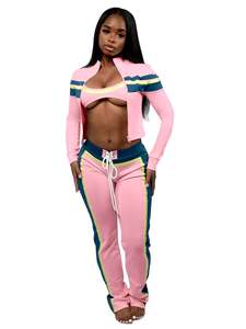 Individuelles LOGO Herbstkleidung Damen-Sets Streetwear Kontrast Lange Hose und Sport-BH Crop-Jacke Trainingsanzug für Damen Loungewear - Product Image 5