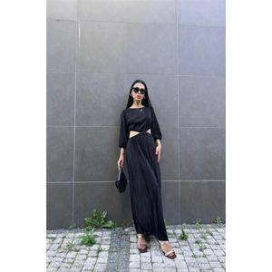 Vestidos Plisados Vintage Negros al por Mayor para Oficina, Tallas XS-XL, con Volantes, Cuello Cuadrado, Primavera-Otoño, de Spandex Sólido - Product Image 2