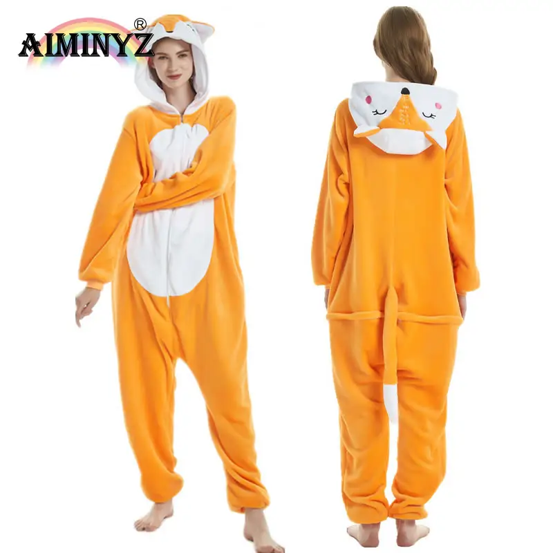 AIMINYZ新しいスタイルの卸売Onesie漫画動物フォックスパジャマフランネルかわいいパジャマ冬のパジャマ大人の女性男性Onesie