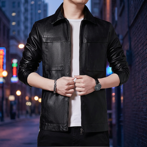 Men Sheep Skin <b>Long</b> <b>Leather</b> <b>Jacket</b> Zip-Up Turn-Down Collar Waterproof Pocketed Outerwear Custom Logo Front Position Casual Wear - Product Image 3