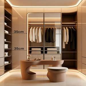 Ensemble de garde-robe de chambre à coucher en bois de luxe moderne avec panneaux miroir et éclairage intégré, organisateur de placard personnalisé avec design en niche - Product Image 2