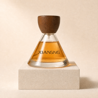 Flacon de parfum vide en verre transparent de 50 ml, forme conique, design exclusif et personnalisable, avec bouchon en bois et pompe à impression sérigraphique