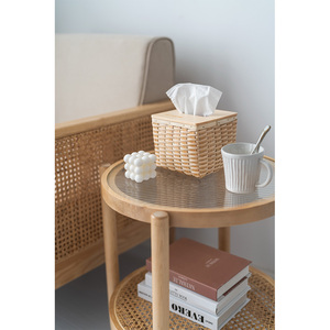 Custom Natural Rattan Facial Tissue Paper Box With Wooden Cover Tissue Box Holder For Home Hotel Decor