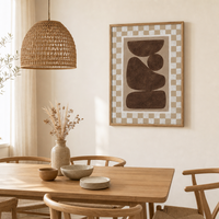 Peinture sur toile abstraite marron aux formes organiques et à carreaux, encadrée, grande taille, décoration murale moderne pour salon