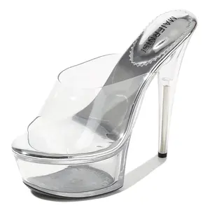 Großhandel Damenschuhe Gute Qualität Günstigerer Preis PU Damen High Heel Sandalen transparente Plattform Slipper für Frauen