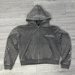 Custom Manufacturer Fade Distressed Boxy <b>Cropped</b> Zipper Streetwear Acid Wash 500gsm Men <b>Zip</b> <b>Up</b> Heavyweight Rhinestone <b>Hoodie</b> - Product Image 3