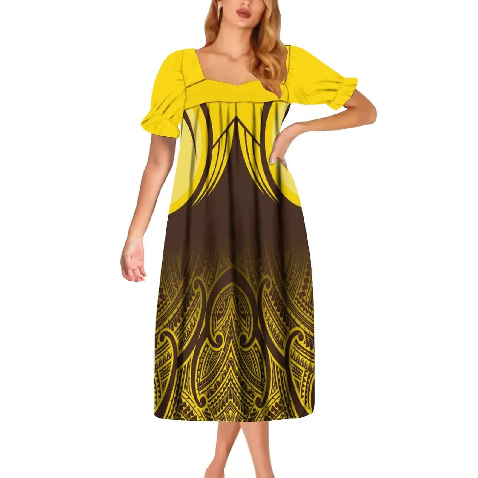 ドロップシッピングカスタマイズされたポリネシアのサモアタタウデザインミクロネシアムムドレスレディースパフ半袖ルーズカジュアルサマードレス