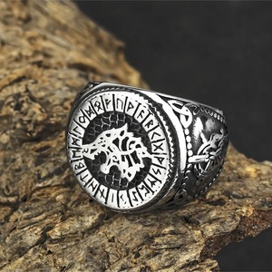 Men's <b>Titanium</b> Steel <b>Ring</b> Viking Wolf Head Runes Hip Hop Style Animal Geometric Design Gift Jewelry - Product Image 2