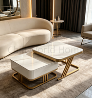 Table basse carrée de luxe léger avec plateau en pierre frittée ou verre trempé en option et meuble de rangement intégré – Table à thé combinée