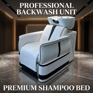 Sillón de Lavacabezas Moderno y de Lujo para Salón de Belleza con Lavabo de Cerámica, Profesional, en Color Blanco Crema y Cuero con Rayas Negras - Product Image 1