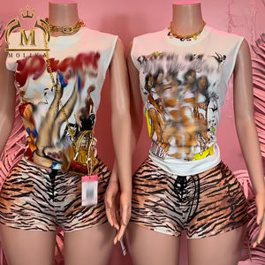 ชุดเซ็ตเสื้อผ้าผู้หญิงฤดูร้อน ดีไซน์เนอร์ ลายพิมพ์ผ้าฝ้าย เสื้อและกางเกงขาสั้น 2 ชิ้น ชุดลำลอง Y2k ชุดสองชิ้น เสื้อผ้าผู้หญิงฤดูร้อน - Product Image 1