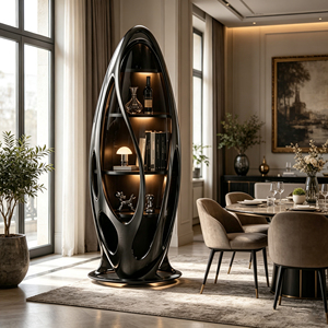 Oval Glossy <b>Black</b> Fiberglass Wine <b>Cabinet</b> Tempered Glass Door Built-in Led Shelves for Luxury Home Dining Room This This Wine - Product Image 4